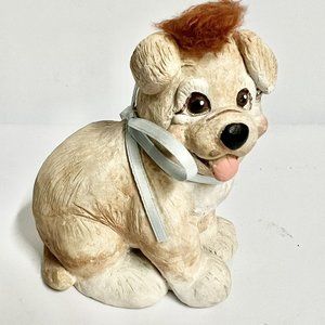 Cast Art Novelty Art Kristin 1991 Dog Puppy 3" Art Pottery w Ribbon Collar